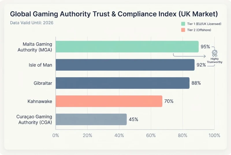 A digital chart comparing offshore gambling licences such as Malta and Curaçao by trustworthiness.