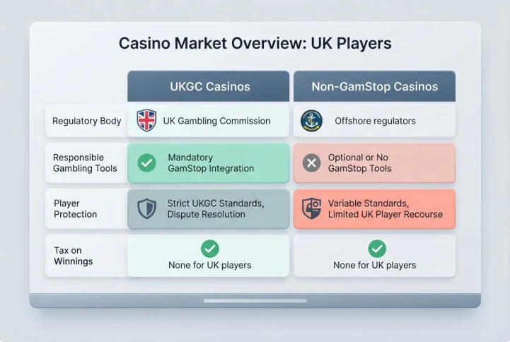 A comparison chart showing the differences between UKGC casinos and Non-GamStop casinos.
