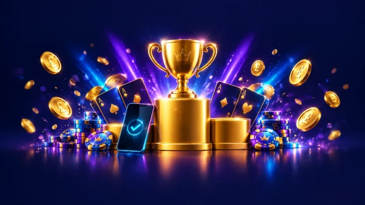 Top 5 pay by mobile casinos in the UK: golden podium with trophy, phone and casino chips